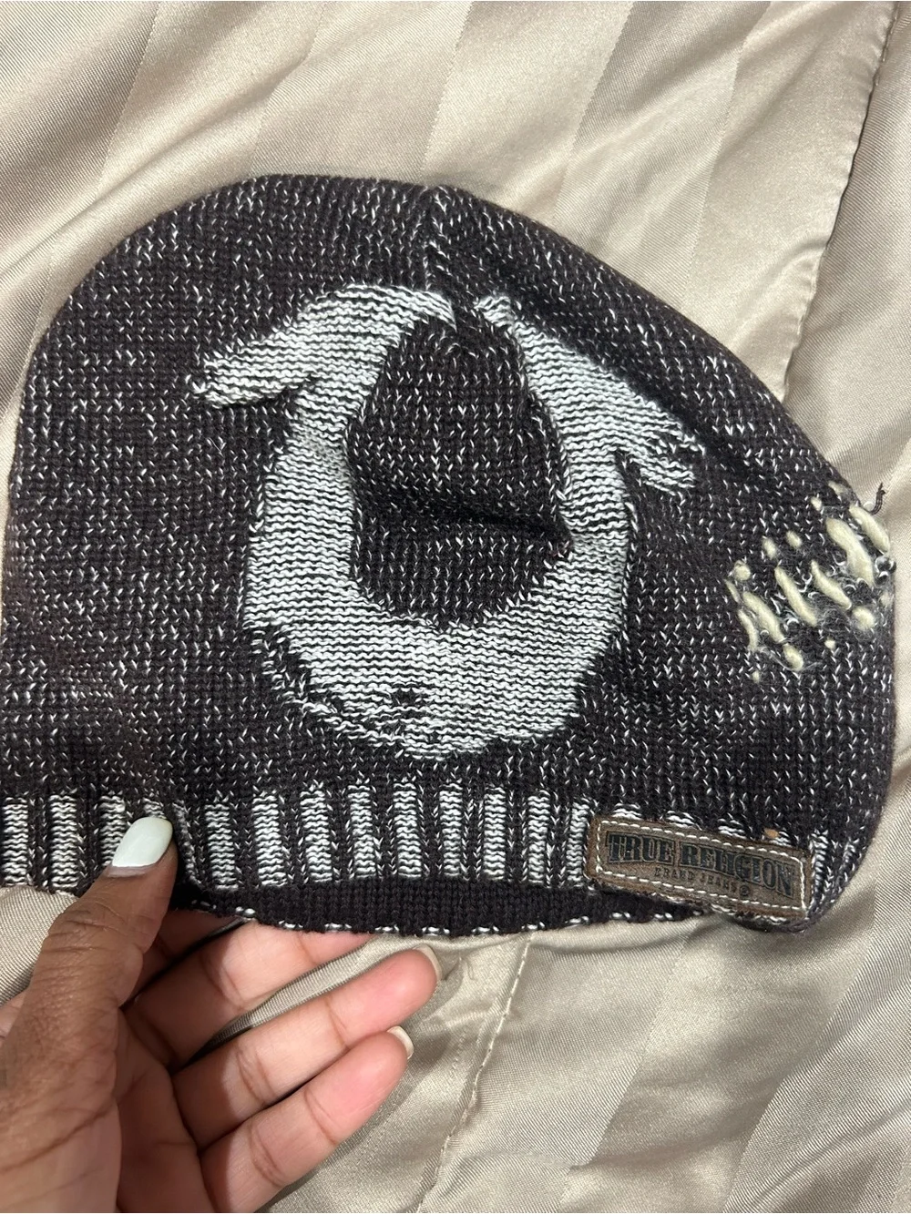 True Religion Brown and White Knit Beanie